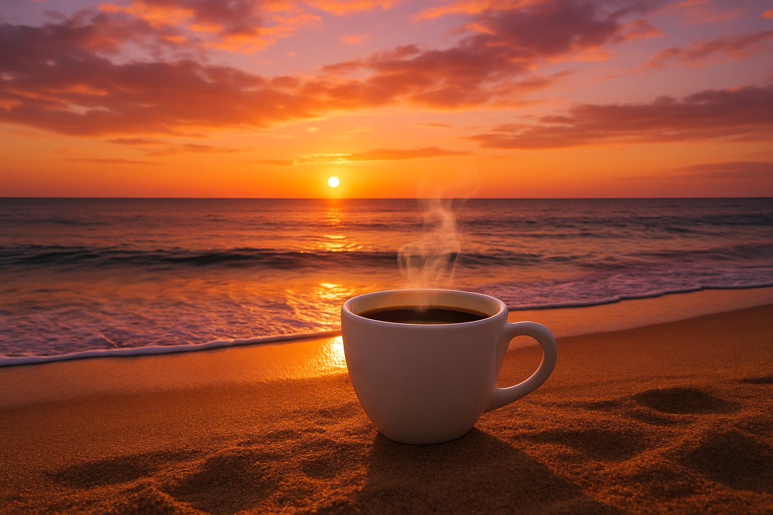 Cup of coffee on the beach with a sunset